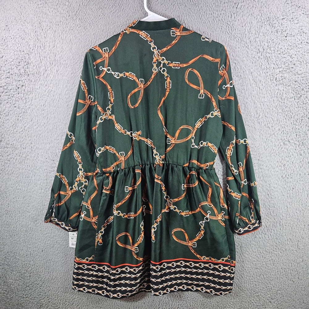 Zara Basic Green Equestrian Chain Belt Print Pleated Mini Dress Womens Sz M NEW - Picture 7 of 11